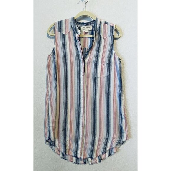 Anthropologie Cloth and Stone Dress Womens Medium Striped Linen Blend Fringe Hem - Picture 2 of 7